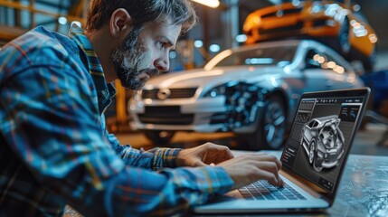 Fototapeta premium A man edit a picture of a car on his laptop in an attempt to hide the damage, damaged car on background, whole car in laptop screen. Generative AI.