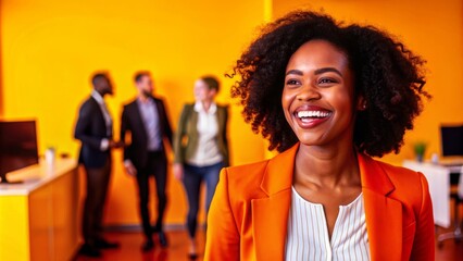 Smiling African American Businesswoman in Bright Office Environment with Diverse Team in Background