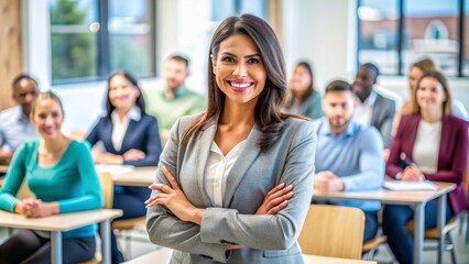 Fototapeta premium Empowered Female Instructor with Arms Crossed in Front of Attentive Adult Students