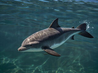 A serene shot of a dolphin swimming in calm