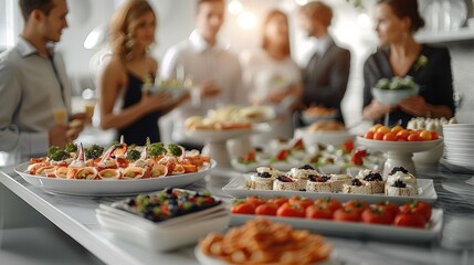 Luxury office catering, finger foods on the table, table designed in a luxury theme, men and women in formal office clothing talking and serving foods, bright lighting. Generative AI.