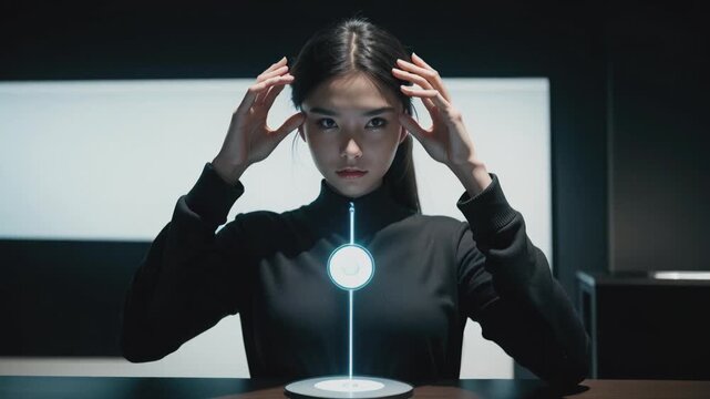 Young woman in a black outfit concentrates intensely, seemingly controlling a futuristic, glowing interface in front of her. The scene exudes a sense of advanced technology and focused determination.