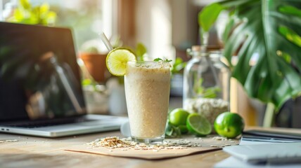 Fototapeta premium A refreshing oat and lime smoothie garnished with a lime slice, placed on a work desk in a home office setting,