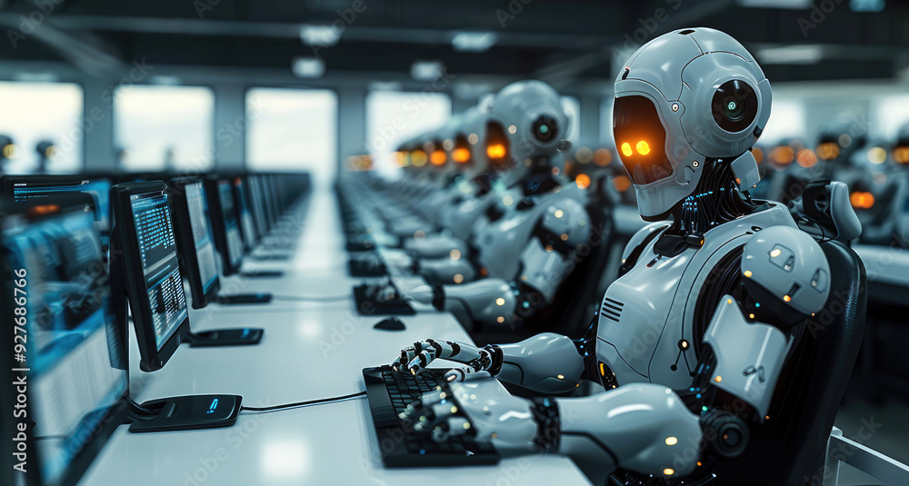Poster An office of a many robots in computer at office. Generative AI.