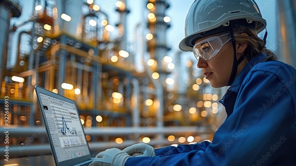 Fototapete Worker in protective gear analyzing data on a laptop, modern refinery in the background, technological advancement in industry. Generative AI.
