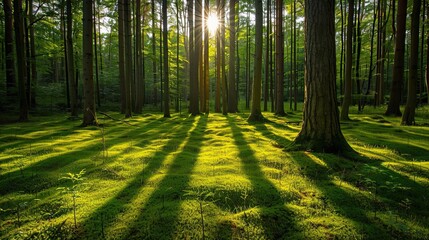 Obraz premium Rays of sunlight shining through the pine forest. Coniferous trees tall and slender. Natural background with summer forest. Illustration for cover, postcard, interior design, poster or presentation.