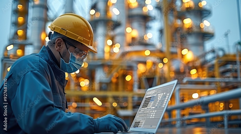 Poster worker in protective gear analyzing data on a laptop, modern refinery in the background, technologic