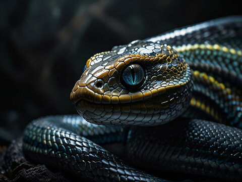 The eye of the black snake in the dark forest