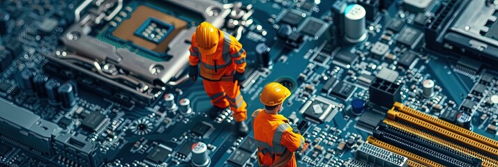 construction workers standing on motherboard