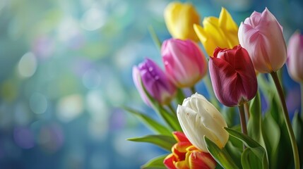 Colorful tulip bouquet with space for text focused