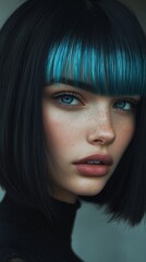 close-up portrait of a young model with black and sky blue bob hair style