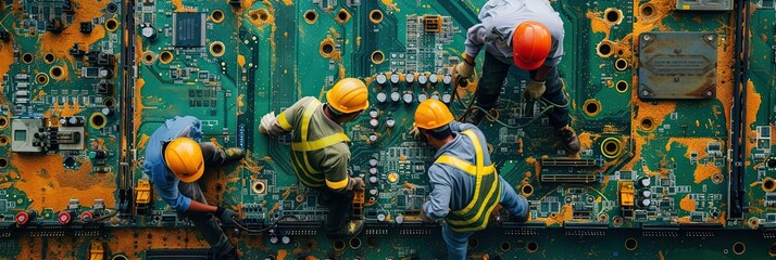 construction workers standing on motherboard