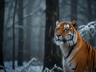 Obraz premium a striking shot of a Siberian tiger amidst a snowy