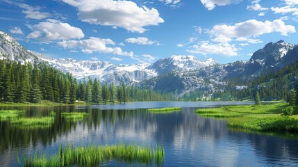 Fototapeta premium A mountain stream flows in a mountainous area surrounded by forests on a sunny day. Natural background. Illustration for cover, card, postcard, interior design, banner, poster, brochure, presentation.