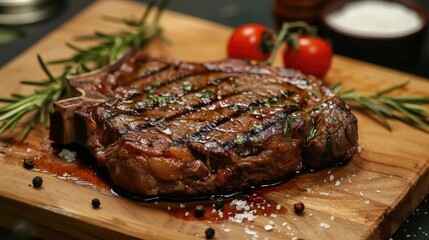 Concept of Delicious Rib Eye Steak on Wooden Cutting Board with Spices