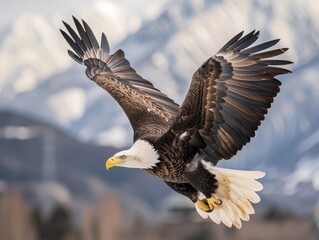 Obraz premium Majestic Bald Eagle Soaring Over Alaska's Mountain Range