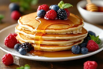 Delicious stack of fluffy pancakes topped with fresh berries and syrup, perfect for a breakfast treat or dessert delight.