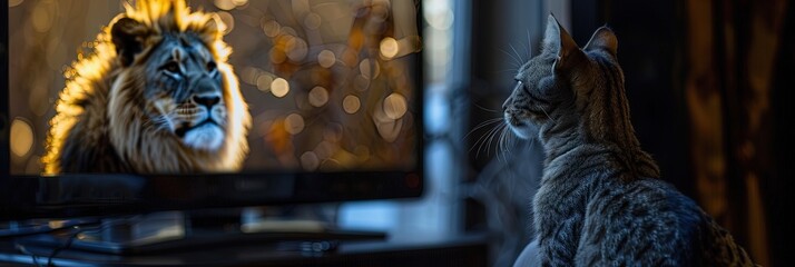 cat watching TV, lion on TV 