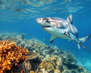 Obraz premium Majestic Great White Shark Gliding Through Vibrant Pacific Coral Reefs