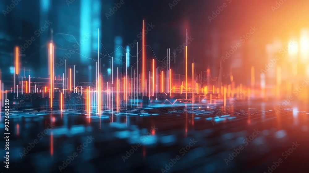 Poster abstract digital visualization of data waves and sound signals in vibrant colors, representing techn
