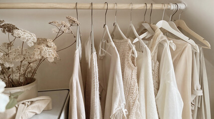 A white sweater with ruffled sleeves hanging on a wooden hanger.