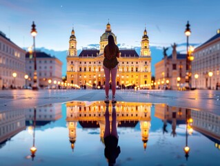 Fototapeta premium A woman standing in the center, surrounded by the stunning landmarks of Vienna,