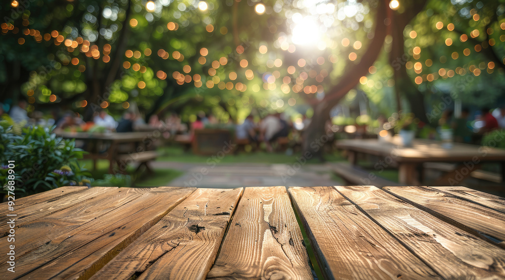 Poster summer time in backyard garden, empty wooden table with party in garden background blurred. generati