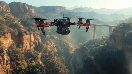 Fototapeta premium High-Tech Drone Capturing Aerial Footage of Breathtaking Mountain Landscape with Steep Cliffs and a Remote Bridge, Showcasing Advanced Technology in Natural Exploration