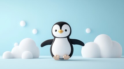 Obraz premium Playful Penguin Sliding on Ice with Stunning Icy Blue Background - 3D Render