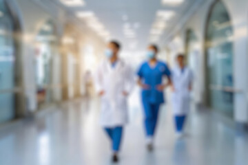 blurred for background. blurred figures of doctors and nurses in a hospital corridor. Doctors and nurses walking in hospital hallway. blurred motion. Moving human figure in the clinic corridor
