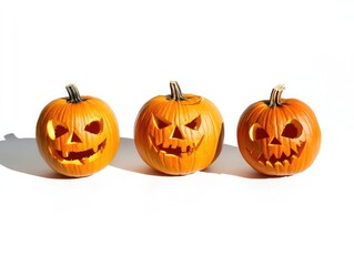 Trio of pumpkins with detailed, carved masks, each casting soft shadows on a pure white background, Halloween, artistic contrast