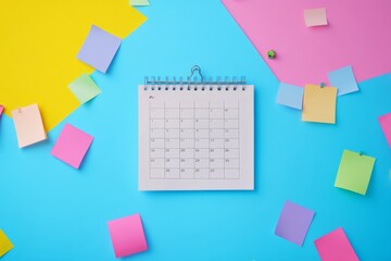 A monthly events calendar hangs on a bright wall, surrounded by colorful sticky notes, creating an engaging atmosphere for planning activities