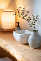 Modern bathroom interior featuring natural wood accents, bamboo plants, and soft lighting during the day