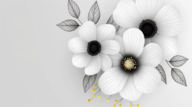 Intricate floral designs in black and white, characterized by crisp lines and clean outlines ideal for coloring book enthusiasts. These botanical illustrations provide a soothing and uncomplicated