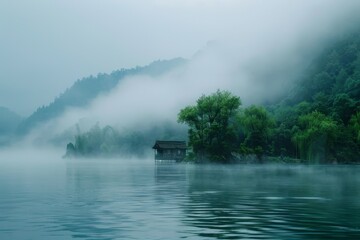 A fog-laden mountain lake with verdant trees and grass, illustrating a calm and picturesque outdoor scene, A serene landscape enveloped in mist, AI generated