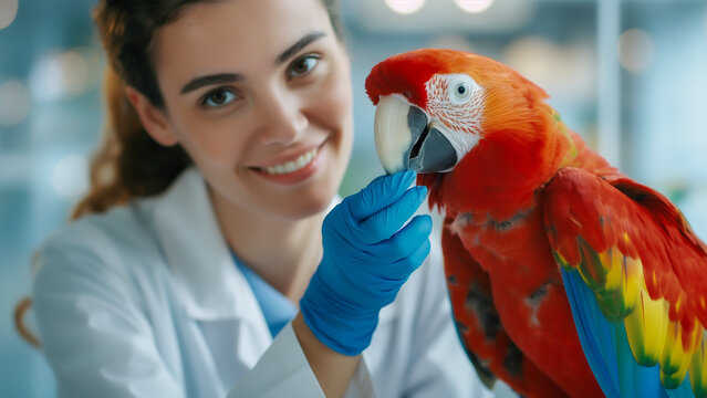 Smiling female veterinarian gently holding a macaw parrot ,Macaw parrot check-up in a modern pet hospital.