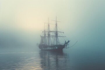 A ship navigates through a dense fog on a tranquil lake, creating an atmosphere of mystery and solitude, A ship emerging from the foggy harbor, AI generated