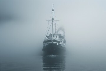 Fototapeta premium A solitary ship emerges from the fog on a serene lake, evoking a sense of calm and intrigue in the misty surroundings, A ship emerging from the foggy harbor, AI generated