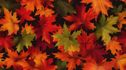Fototapeta premium Seamless pattern of vibrant autumn leaves in rich shades of orange, red, and green on a dark background. The seasonal, nature-inspired design evokes the warmth of fall.