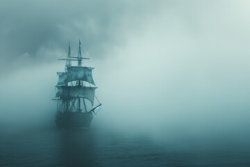Obraz premium A ship is partially obscured by fog as it glides across a still lake, enhancing the scene's ethereal and tranquil quality, A ship emerging from the foggy harbor, AI generated