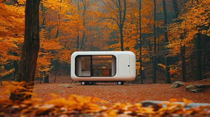 A small white cabin is parked in an autumn forest, surrounded by colorful leaves. The cabin has large windows and a door, and the leaves on the ground are a mix of orange, yellow, and brown.