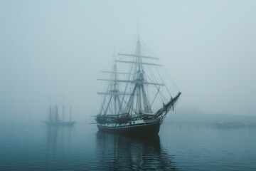 A ship is partially obscured by fog as it glides across a still lake, enhancing the scene's ethereal and tranquil quality, A ship emerging from the foggy harbor, AI generated