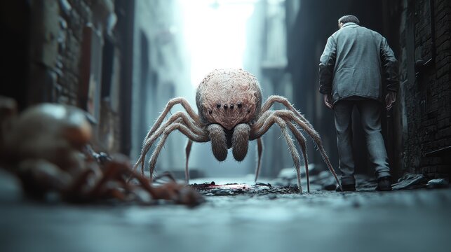 Arachno Detective - Surreal 3D Render of Spider Head on Human Body Investigating Crime Scene in Dark Alleyway Background