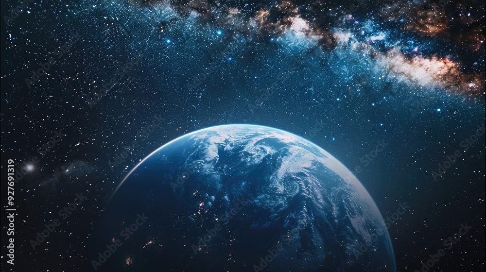 Poster planet earth view from space, in the background the milky way and many stars, dark background. gener