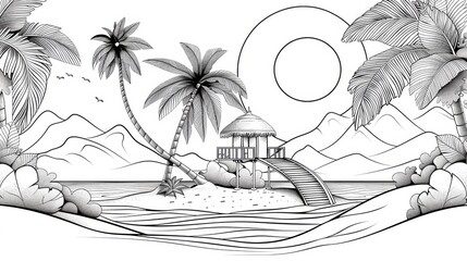A peaceful beach scene depicted in black and white, showcasing clean lines and crisp outlines tailored for coloring enthusiasts. The image offers a straightforward design for effortless coloring