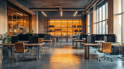 Modern office space with computers on desks arranged in rows. Concrete floor. Glass conference room with shelves and a wall of windows. --ar 16:9 --v 6.1 Job ID: db446422-e72a-41fa-9192-9ac189d80b90