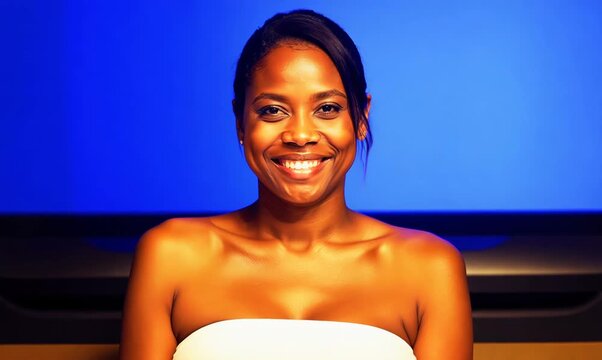 Chroma Blue Screen Medium Portrait of Customer in Tanning Salon