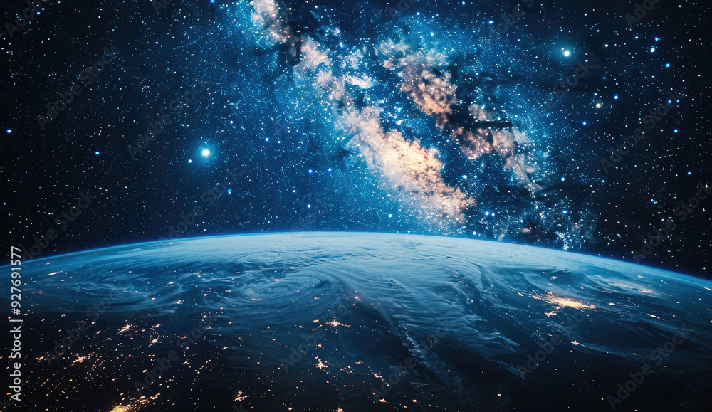 Poster planet earth view from space, in the background the milky way and many stars, dark background. gener