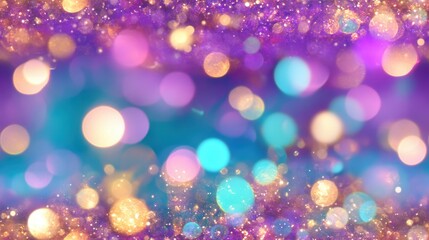 Fototapeta premium Vibrant bokeh effect with colorful glittering dots in teal, purple, and gold. This seamless pattern is ideal for festive, celebratory designs.