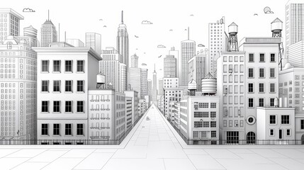 A captivating cityscape in black and white, featuring crisp lines and clean outlines that bring out the urban landscape's architectural charm. This illustration offers a relaxing coloring experience.